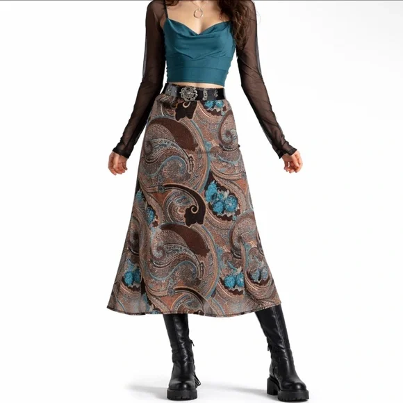 Y2K DRESSBARN Brown Paisley Sheer Overlay Midi Skirt Whimsigoth Fairy Boho Sz M - Picture 1 of 7